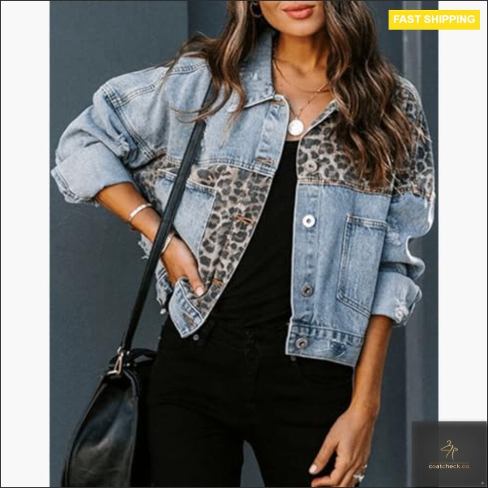 Distressed Denim Jacket Leopard Patchwork Cropped… - image 3
